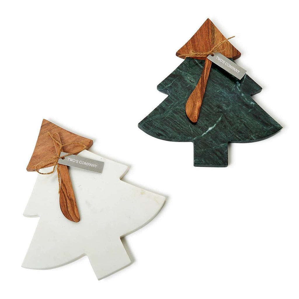 Two's Company white or green marble tree-shaped serving board with wood top and attached wood spreader.