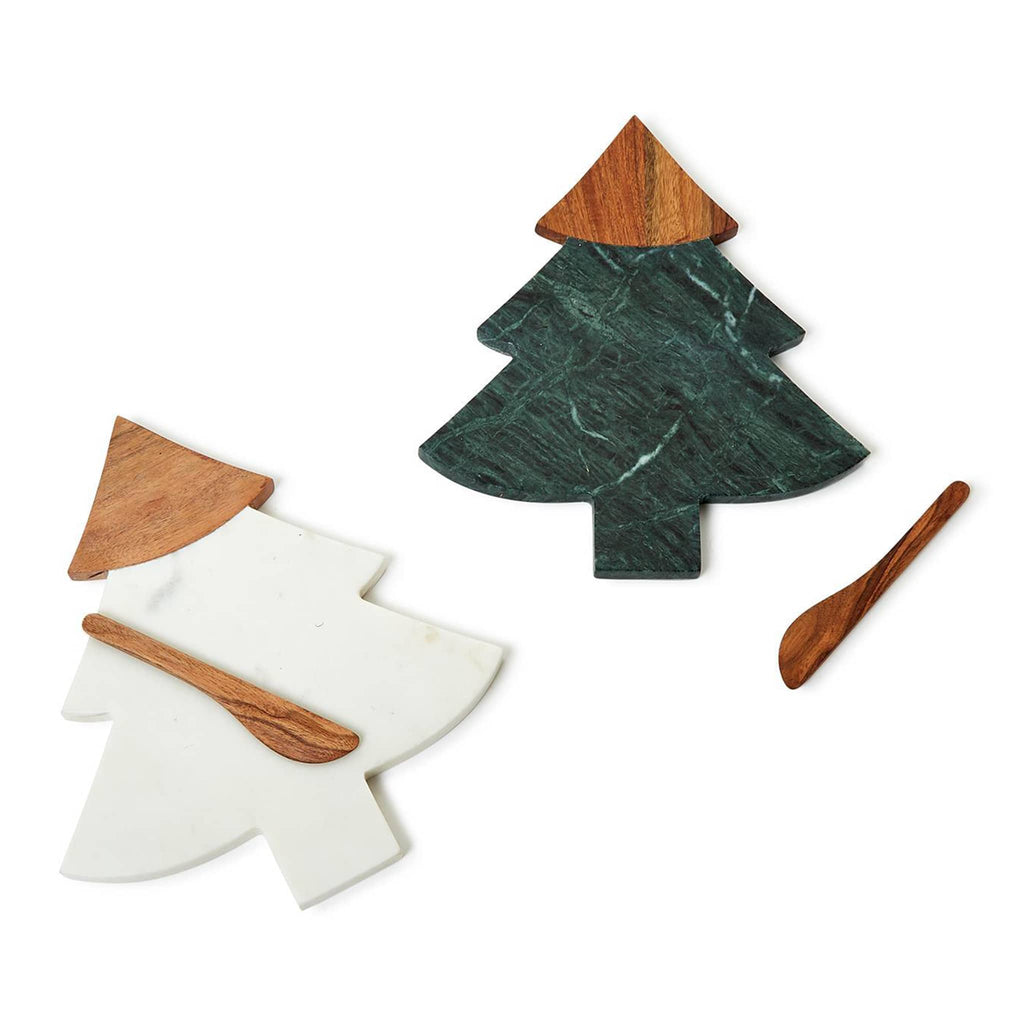 Two's Company white or green marble tree-shaped serving board with wood top and wood cheese spreader.