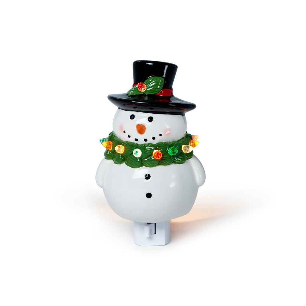 Two's Company Snowman Night Light, front view, lit.