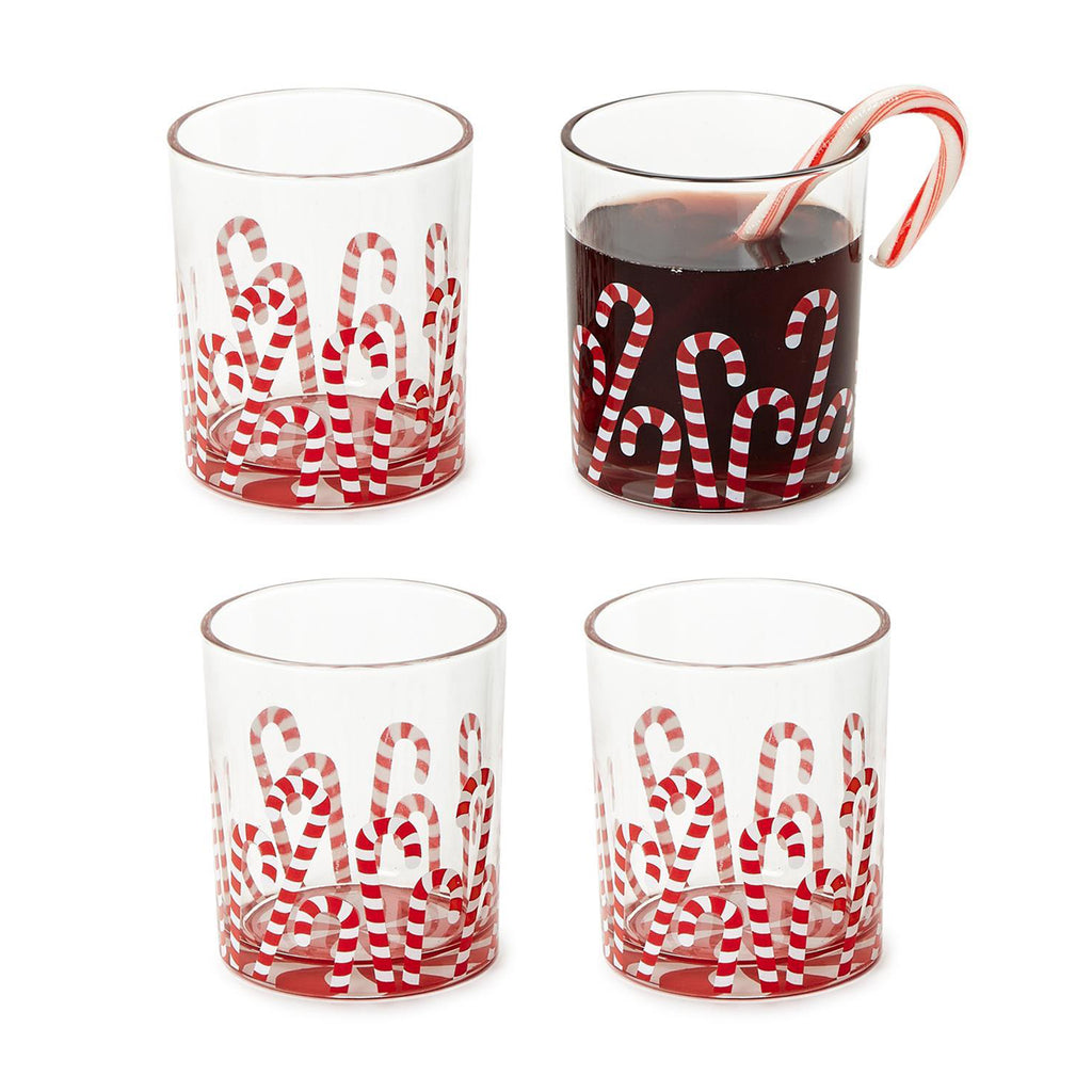 Two's Company Peppermint Twist double old fashioned glasses with candy cane design, set of 4, one shown with soda and a candy cane.