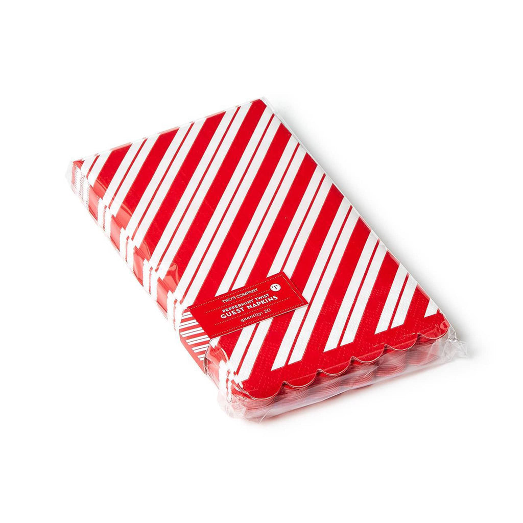 Two's Company Peppermint Twist Paper Guest Towels/Dinner Napkins, set of 20 red and white striped in packaging.