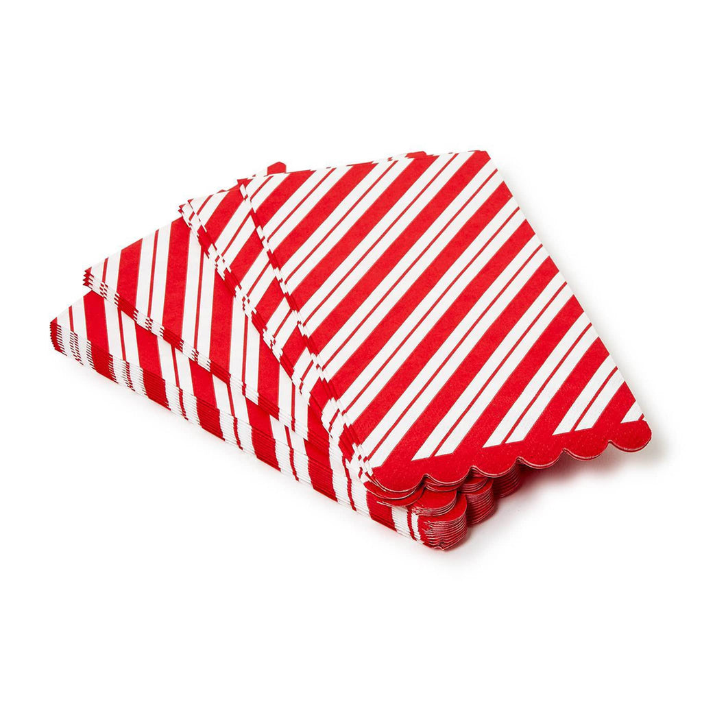 Two's Company Peppermint Twist Paper Guest Towels/Dinner Napkins, set of 20 red and white striped napkins fanned out.