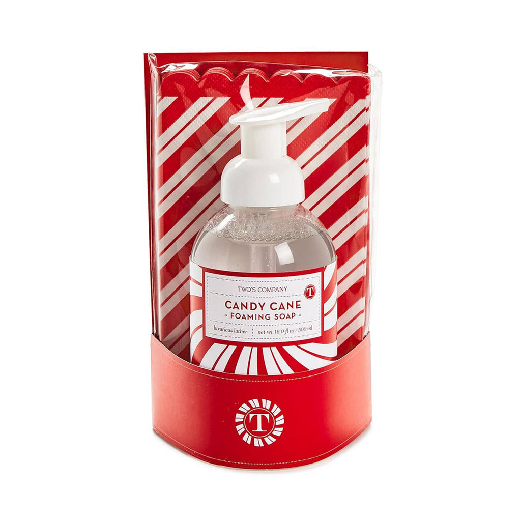 Two's Company Candy Cane peppermint scented foaming hand soap with 20 red and white striped guest towels in packaging.