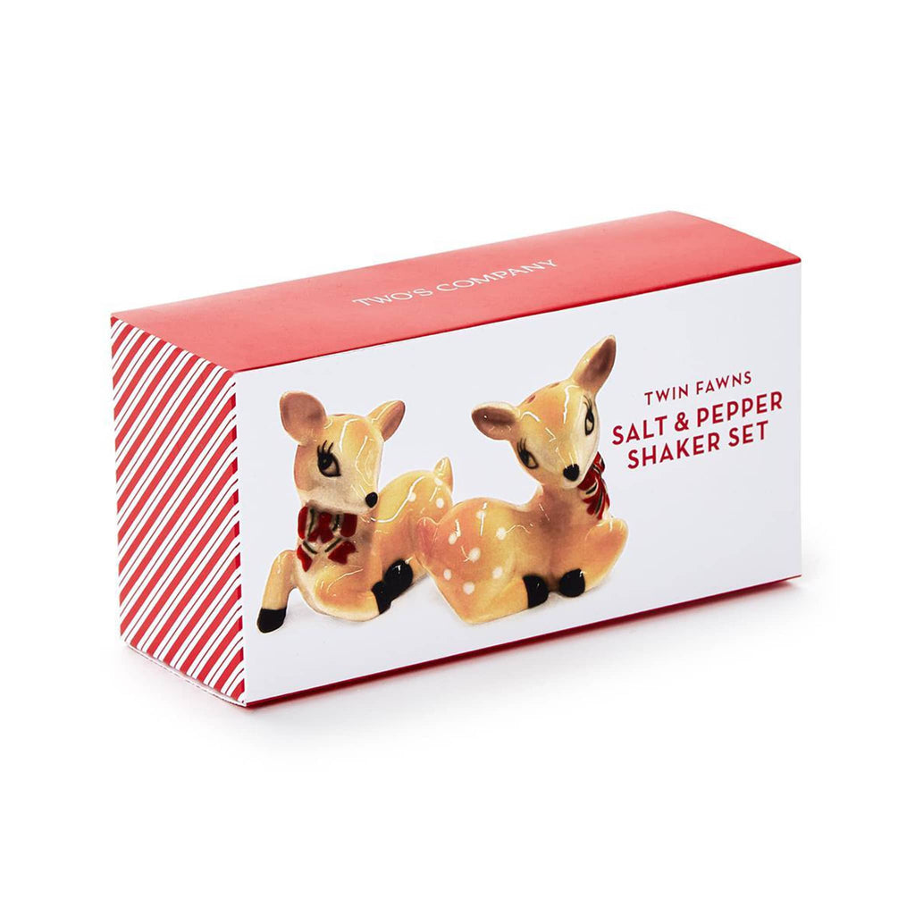 Two's Company hand-painted vintage deer salt and pepper shaker set in gift box packaging, front angle.