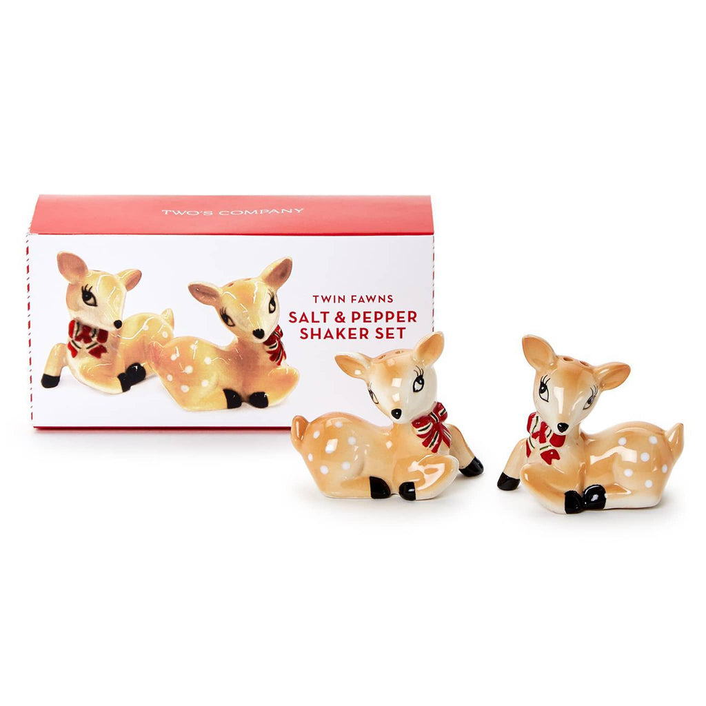 Two's Company hand-painted vintage deer salt and pepper shaker set with gift box packaging.