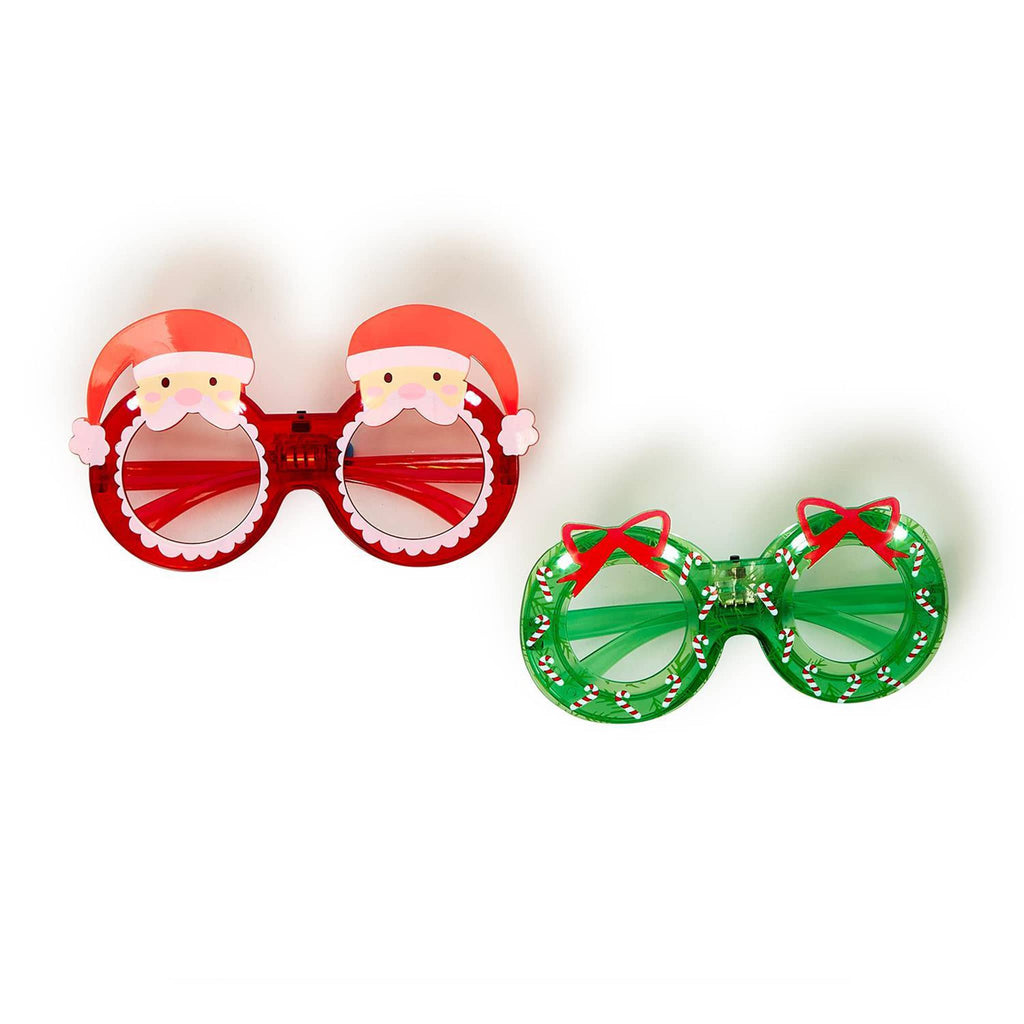 Two's Company Holiday Light Up Glasses in red santa and green wreath.