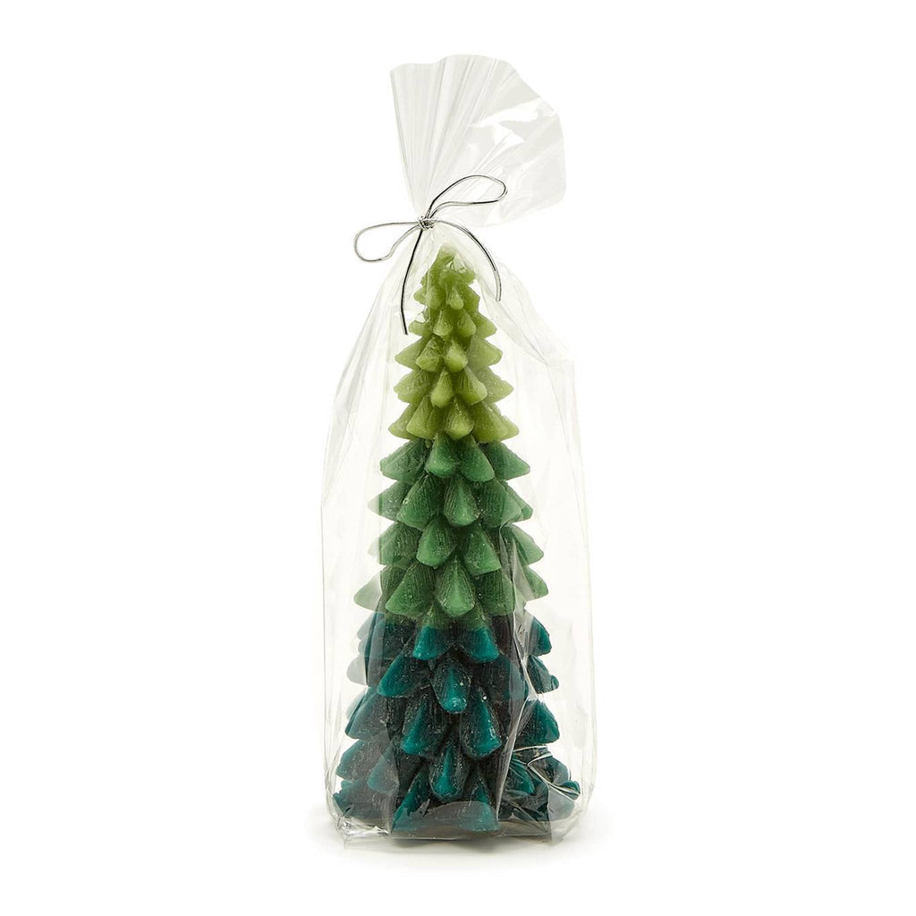 Two's Company green ombre christmas tree candle in cello packaging.