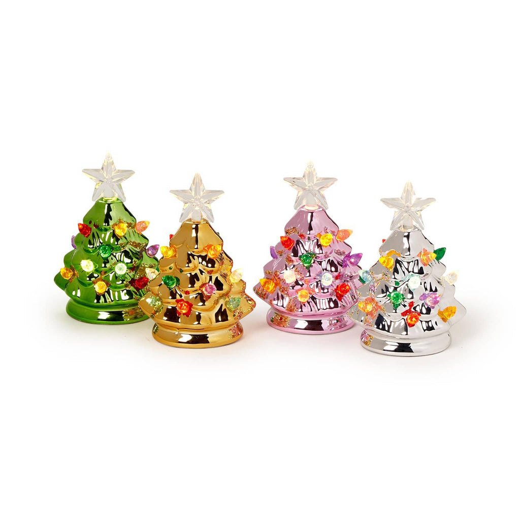 two's company metallic mini light up christmas tree with star on top, in 4 colors, lit.