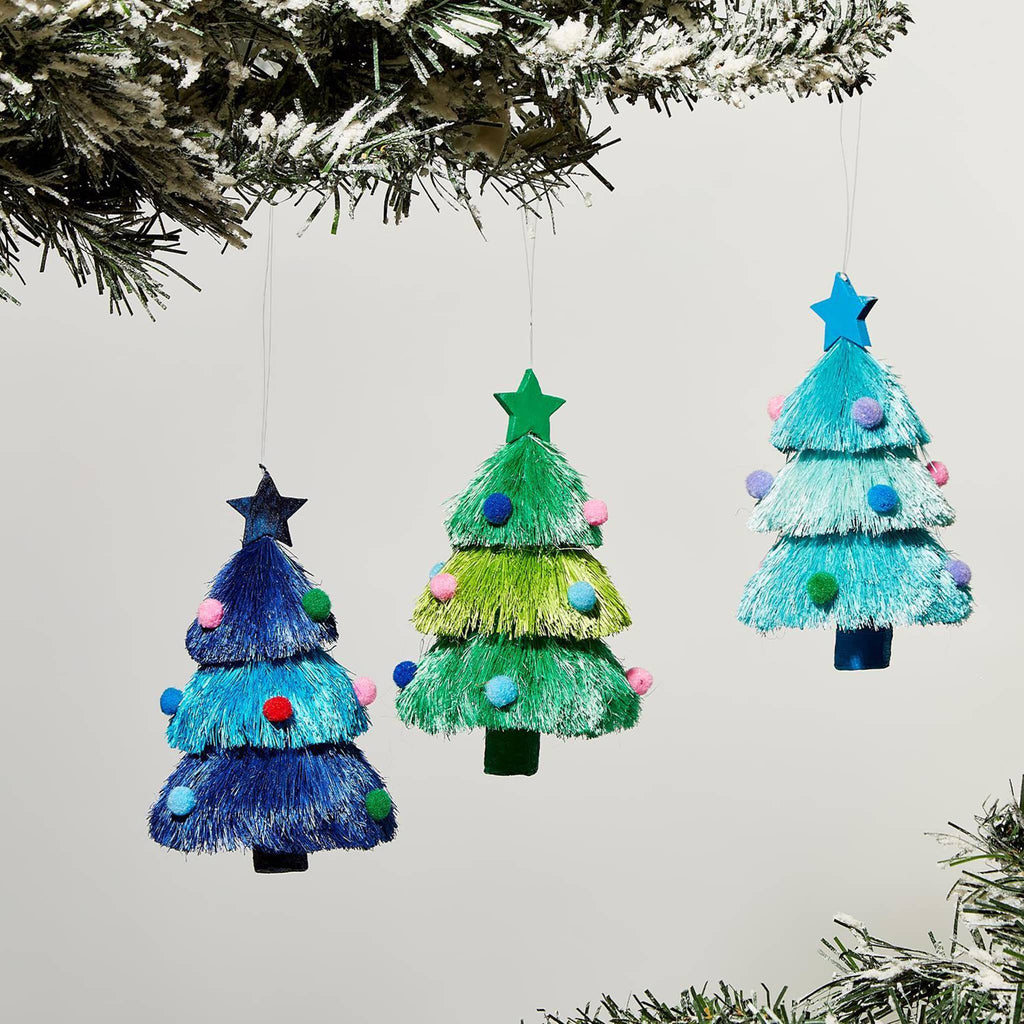 Two's Company decked out colorful fiber christmas trees with pompom ornaments in cool colors, 3 styles.