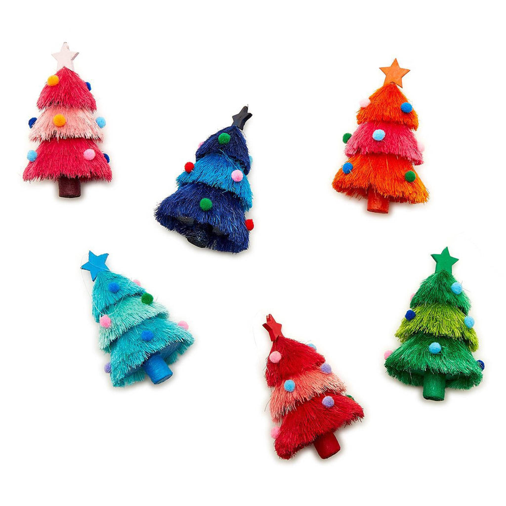 Two's Company decked out colorful fiber christmas trees with pompom ornaments in 6 colors.