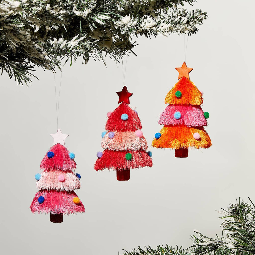 Two's Company decked out colorful fiber christmas trees with pompom ornaments in warm colors, 3 styles.