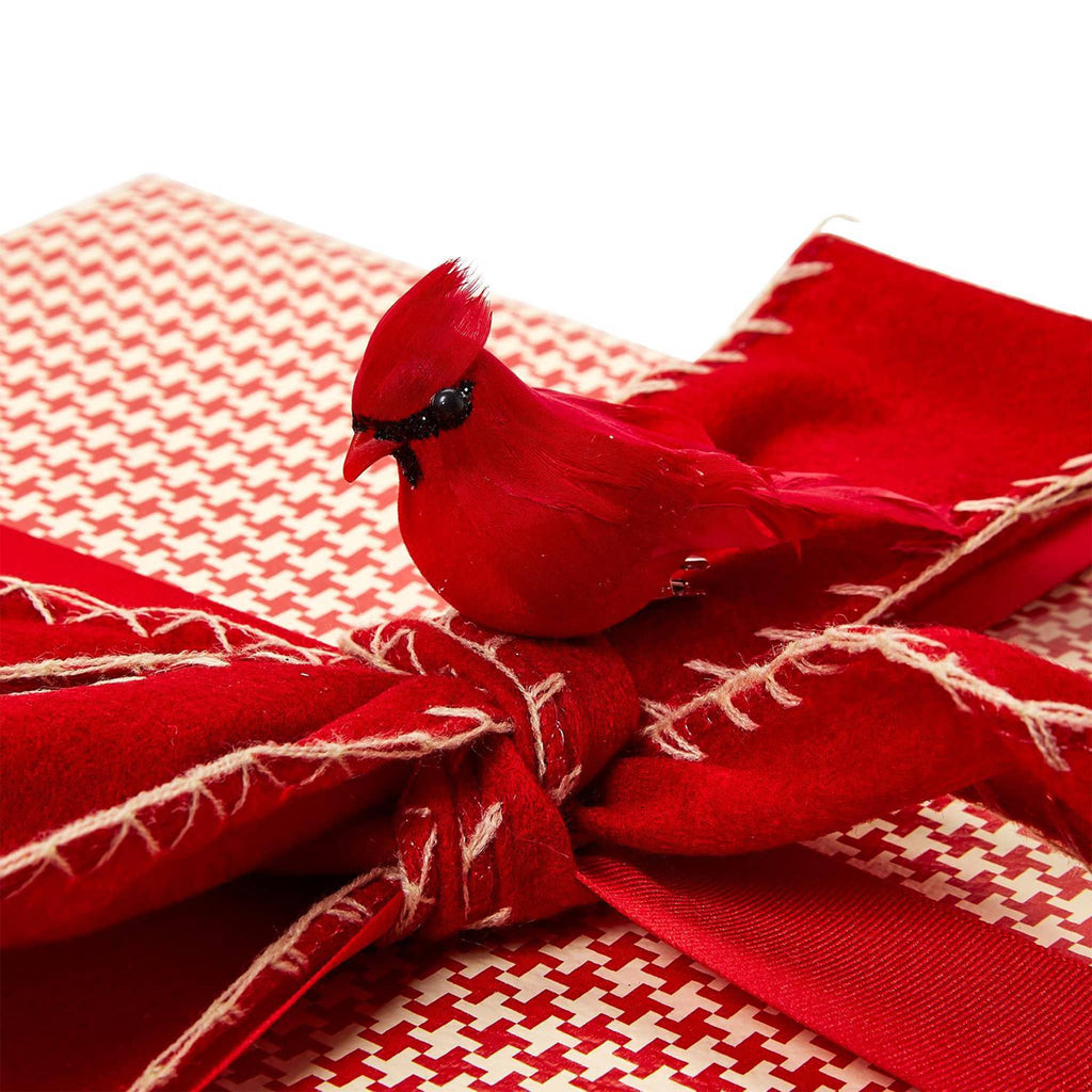 Two's Company clip-on-cardinal ornament, used as a gift wrap embellishment.