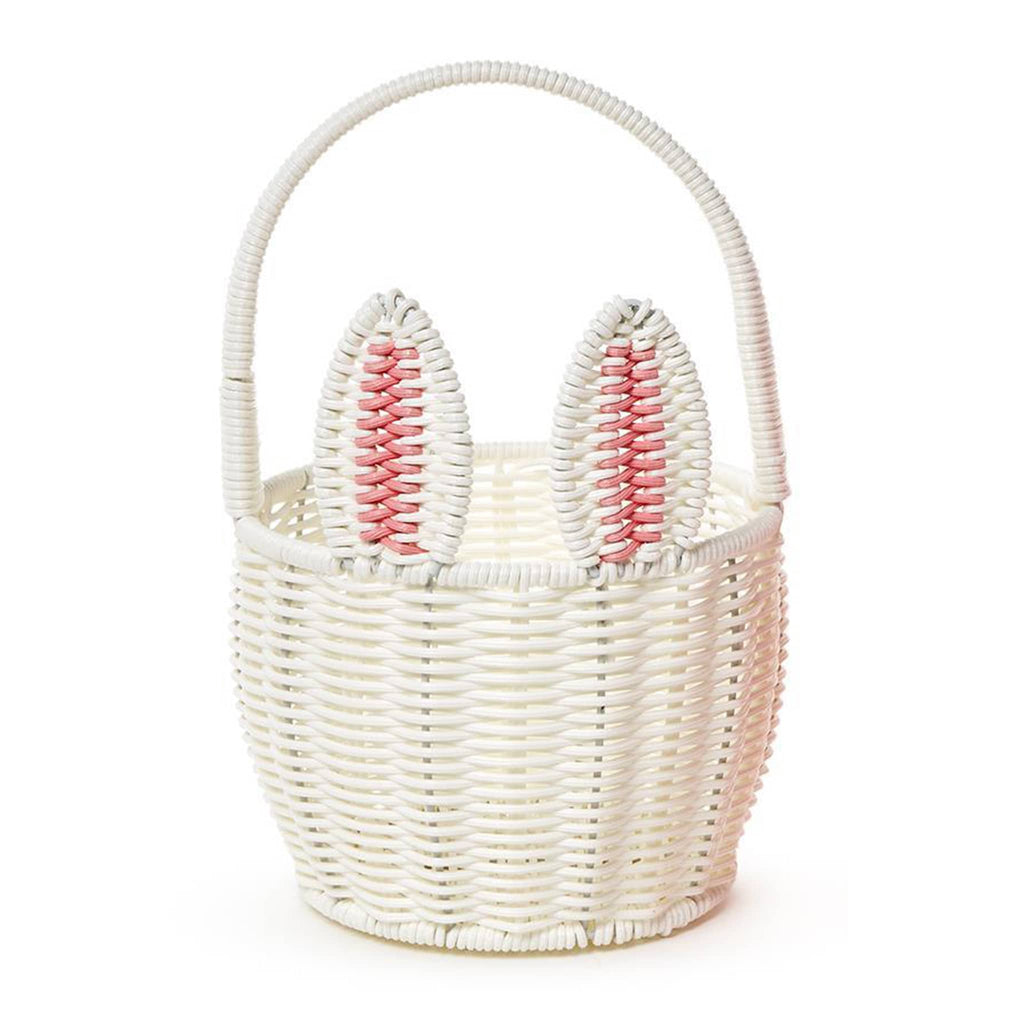 Two's Company White Faux Wicker Easter Basket with bunny ears, handle and pom pom tail, front view.