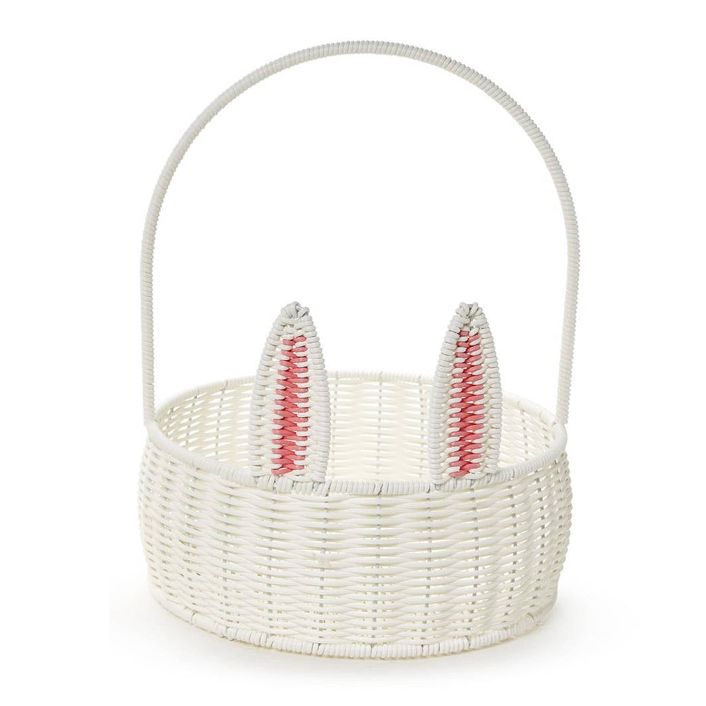 Two's Company large white faux wicker bunny basket with tall handle, front view.