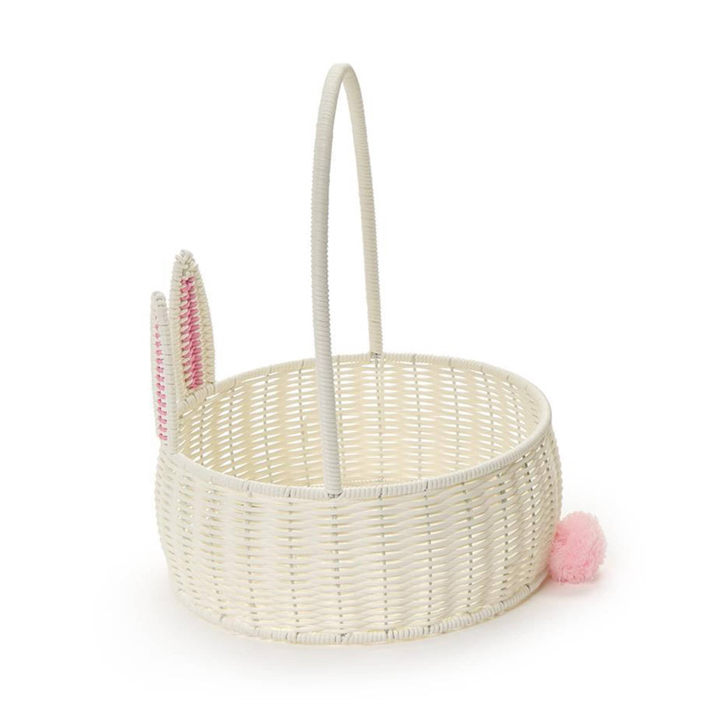 Two's Company large white faux wicker bunny basket with tall handle, side view.