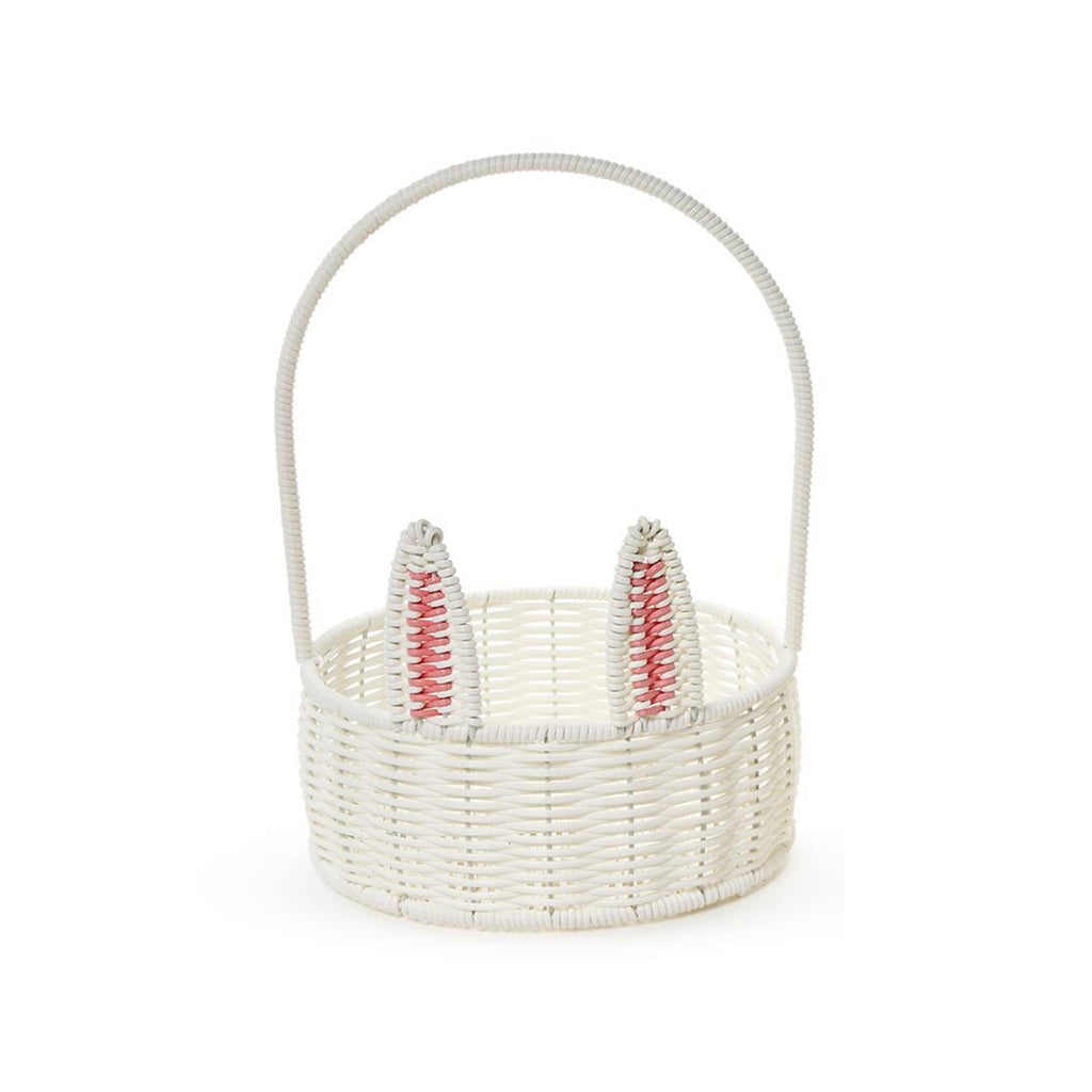 Two's Company small white faux wicker bunny basket with tall handle, front view.