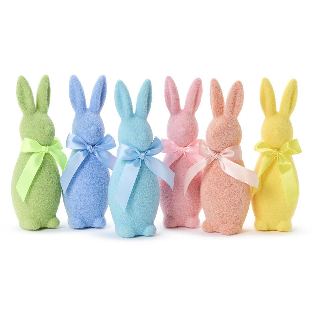 Two's Company Large Flocked Pastel Bunny with bow Easter decoration, all 6 colors lined up.