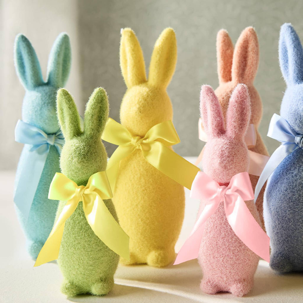 Two's Company Small Flocked Pastel Bunny with bow Easter decoration, small and large in all 6 colors shown in natural light.