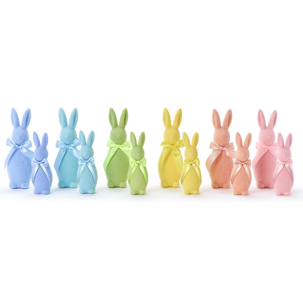 Two's Company Small and Large Flocked Pastel Bunny with Bow Easter decorations, all 6 colors lined up.