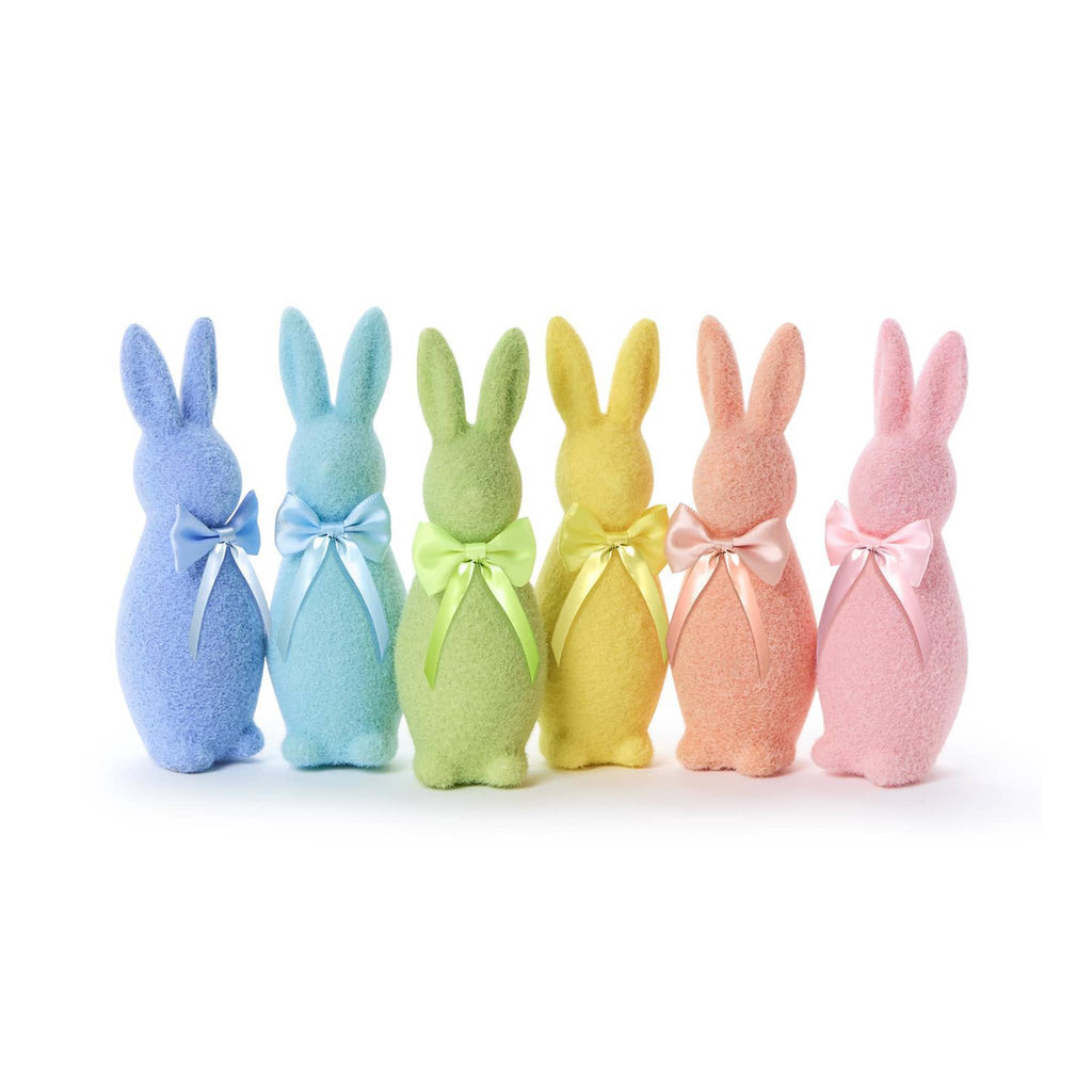 Two's Company Small Flocked Pastel Bunny with bow Easter decoration, all 6 colors lined up.