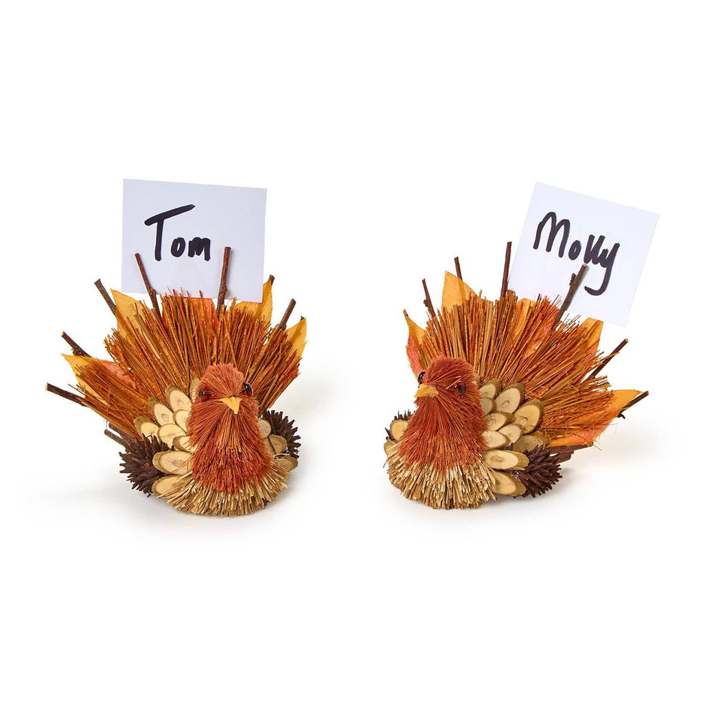 Two decorative turkey place card holders with white cards with names 'Tom' and 'Molly' on a white background.