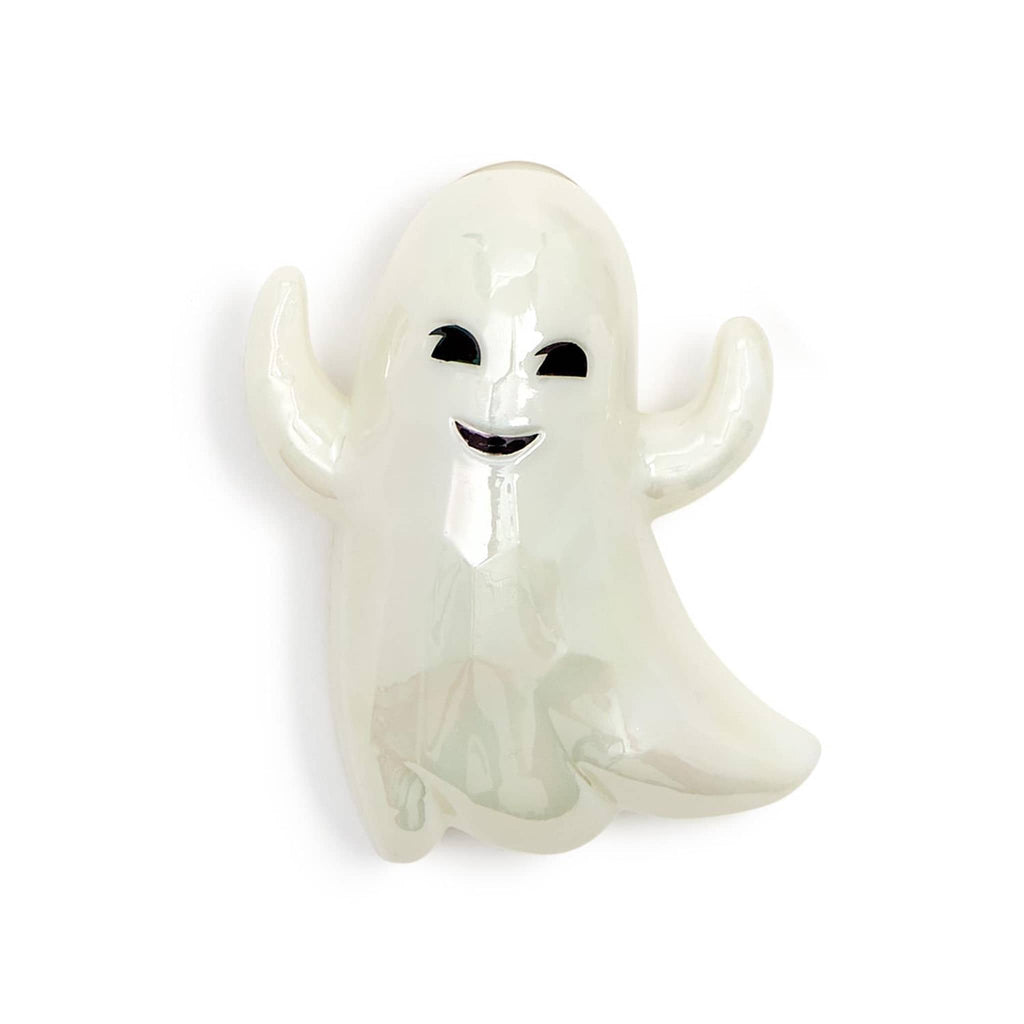 White iridescent ghost figurine with a smiling face on a white background.