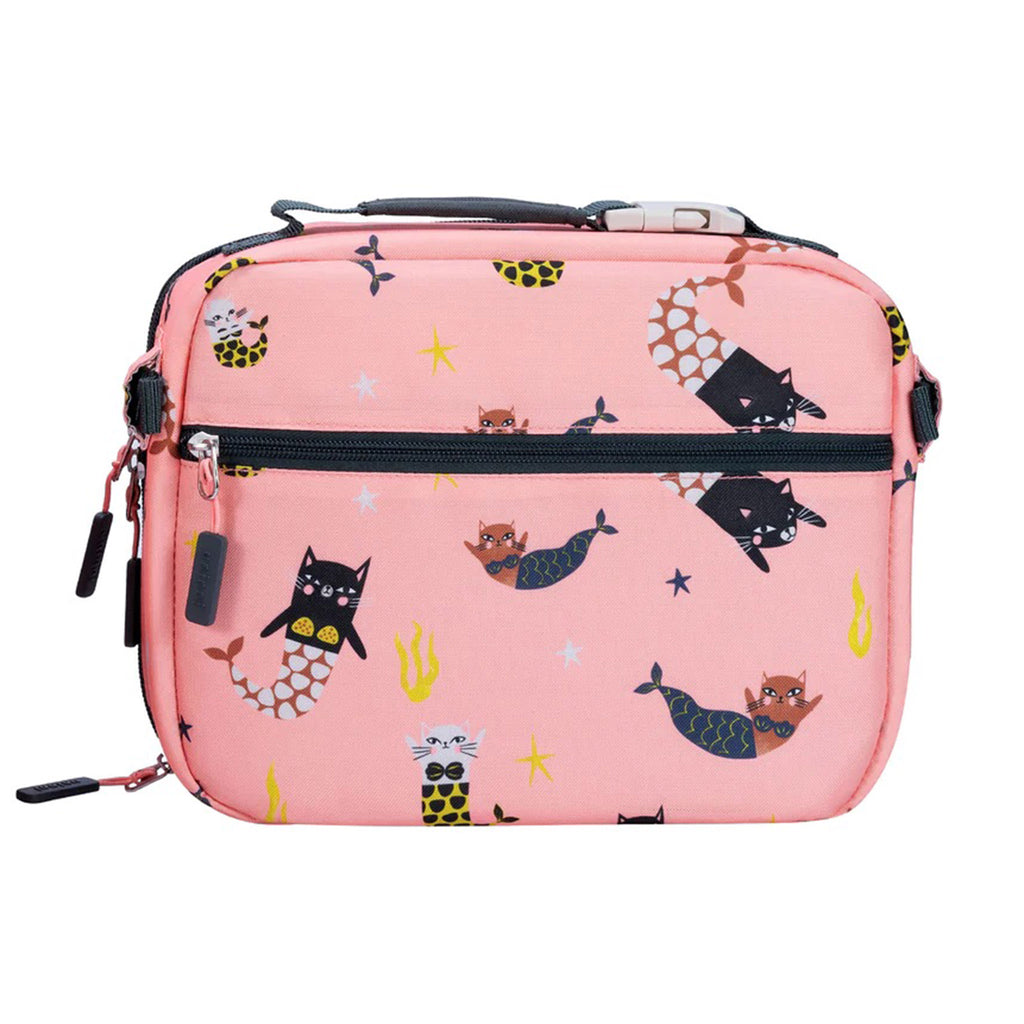 Uninni pink Swimming Mercats Ellis Insulated Lunch Box, back view with zipper pocket.