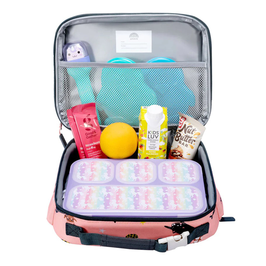Uninni pink Swimming Mercats Ellis Insulated Lunch Box, open showing inner compartments with food inside.