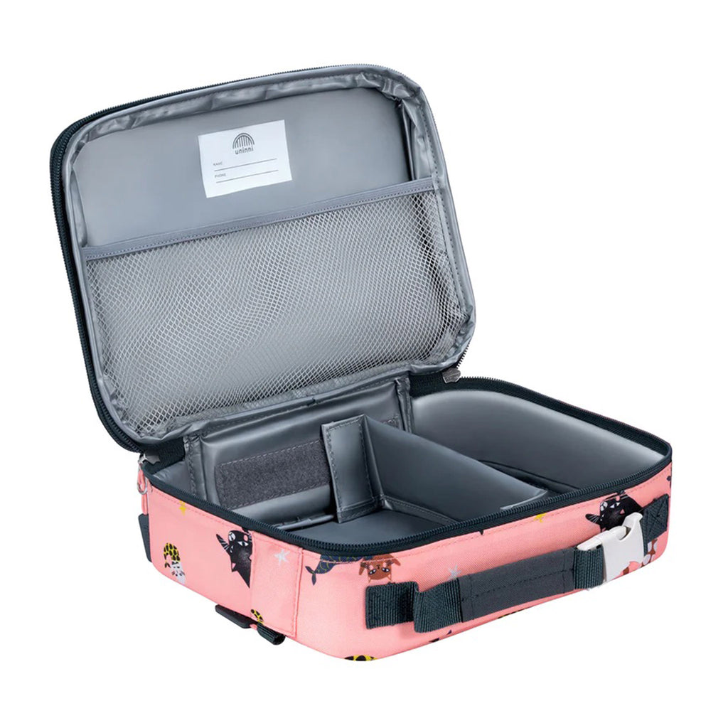 Uninni pink Swimming Mercats Ellis Insulated Lunch Box, open showing inner compartments and gray lining.