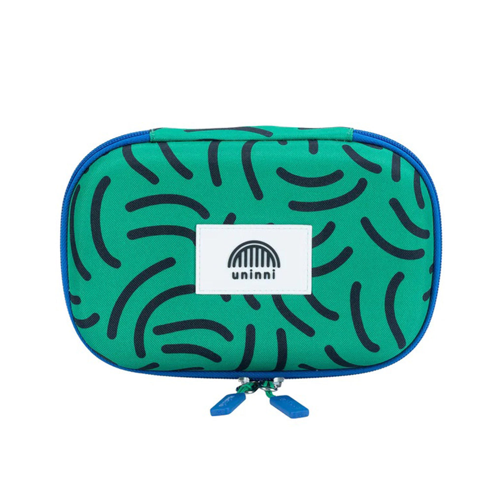 Uninni Arden Pencil Case with a green and blue Brush Strokes print, front view.