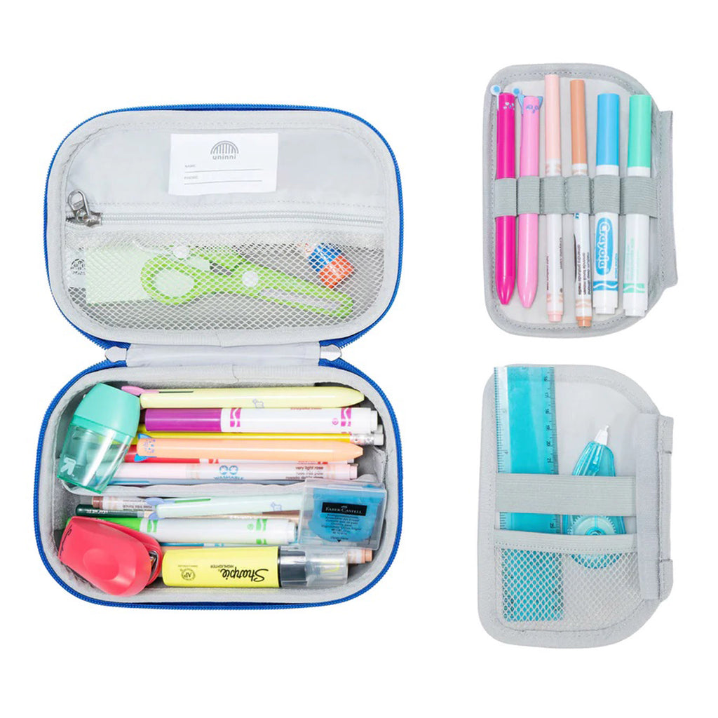 Uninni Brush Strokes Arden Pencil Case open showing compartments with gray lining and 2 dividers beside it, all filled with school and art supplies.