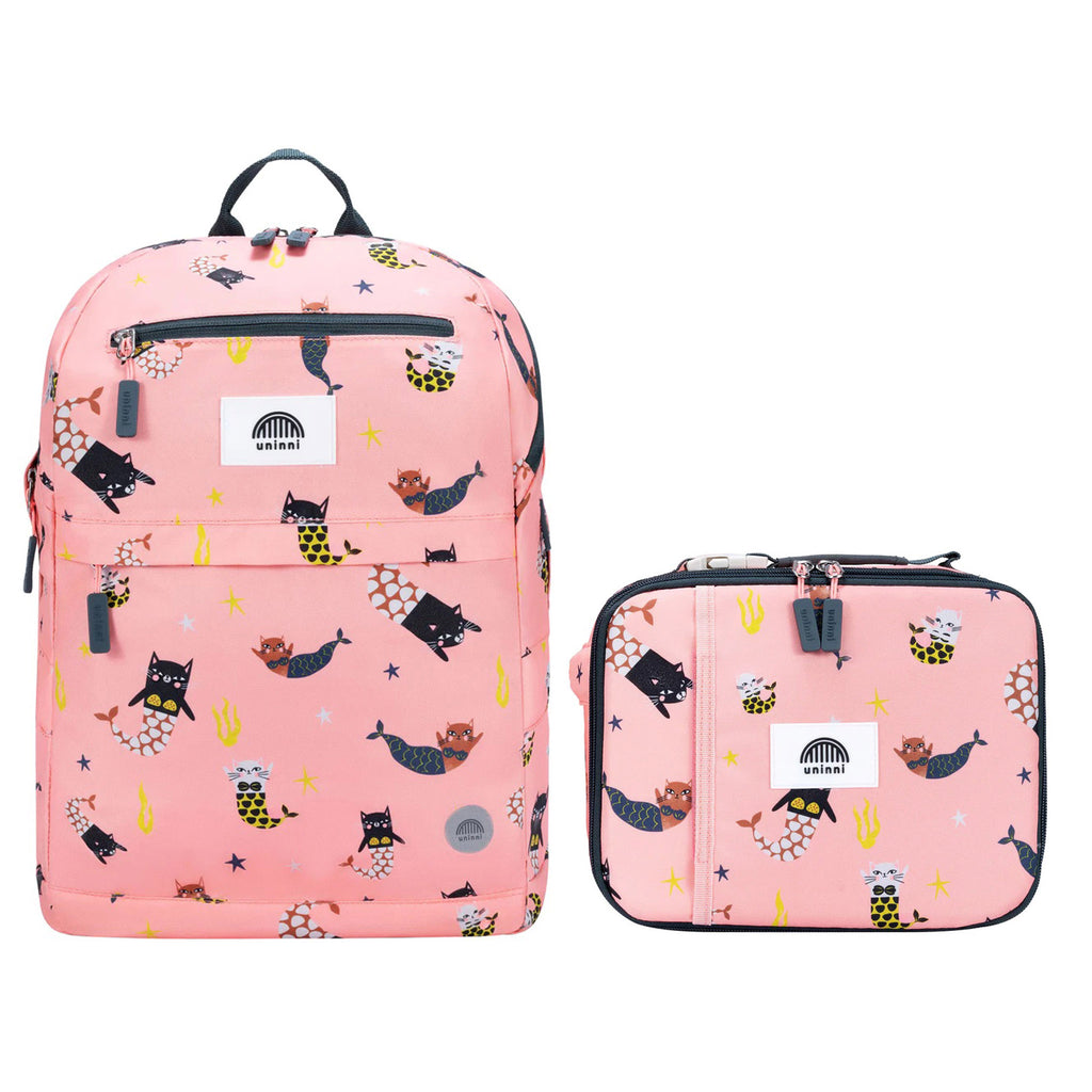 Uninni Bailey Backpack and Ellis Insulated Lunch Bag Set in pink Swimming Mercats, front view.