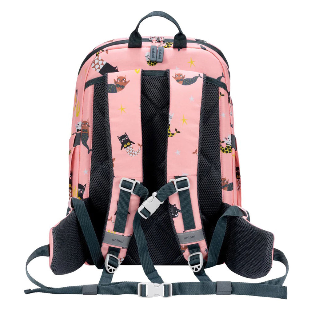 Uninni pink Swimming Mercats Bailey Backpack back view showing padded shoulder straps.
