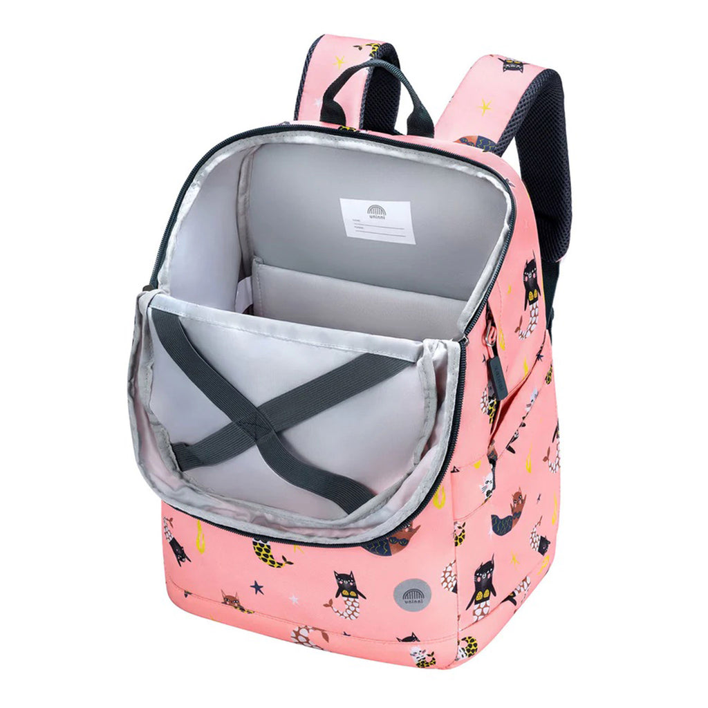 Uninni pink Swimming Mercats Bailey Backpack, top open showing compartments inside with gray lining.