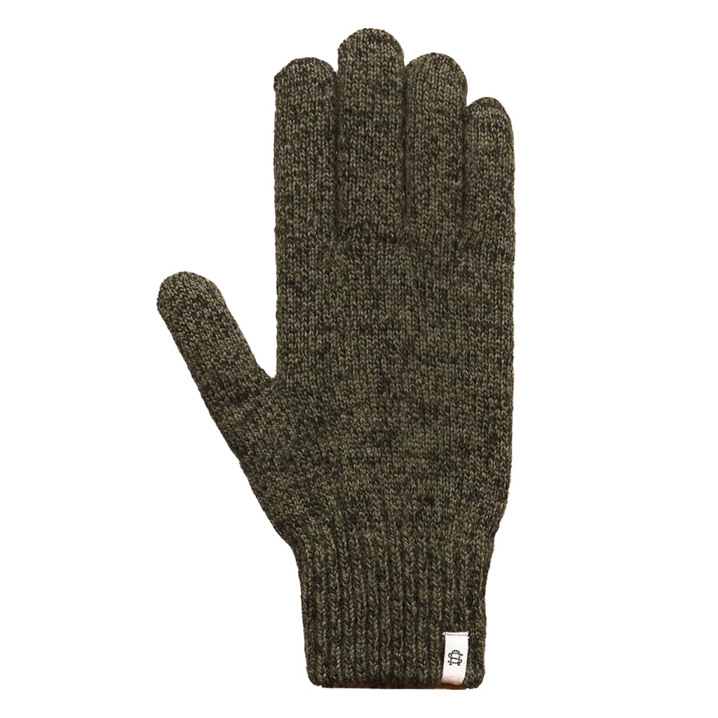 Dark green knit glove on a white background.