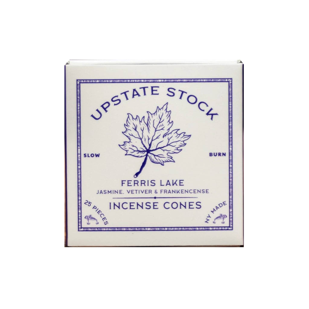 Box of Upstate Stock Ferris Lake incense cones with a leaf design in blue, on a white background.