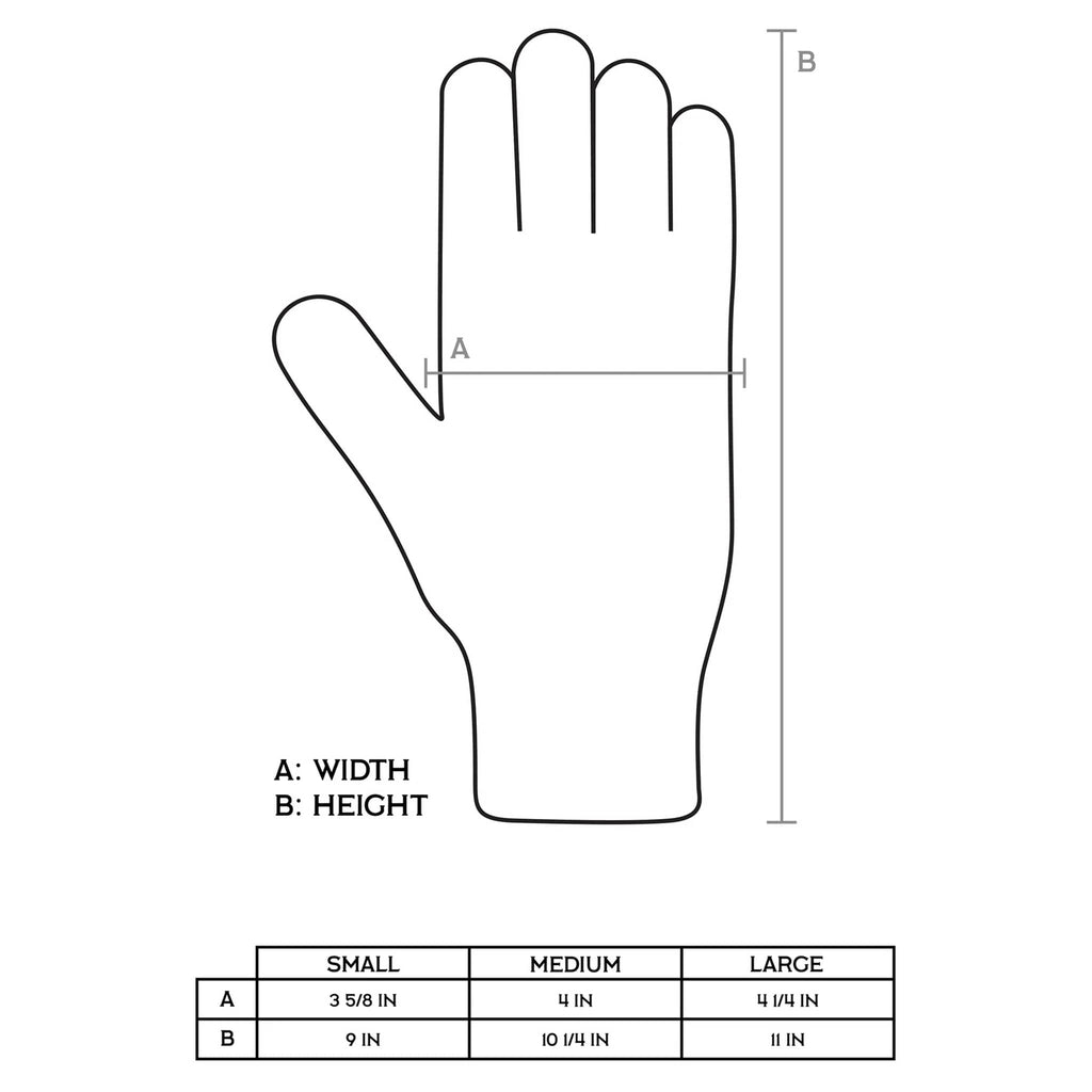 Measurement chart for gloves showing width (A) and height (B) with a hand outline.
