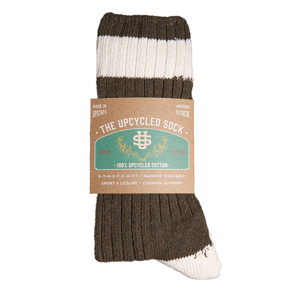 Olive and white sock with 'The Upcycled Sock' packaging on a white background.