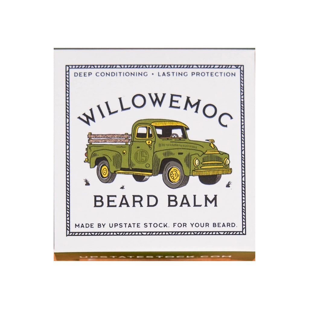 Willowemoc Beard Balm packaging with vintage truck illustration on a white background.