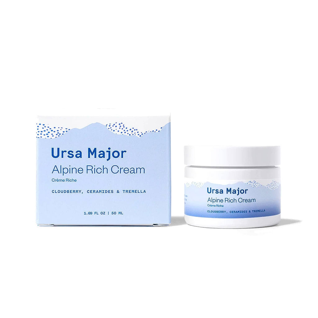 Ursa Major Alpine Rich Cream facial moisturizer in glass tub with matching box.