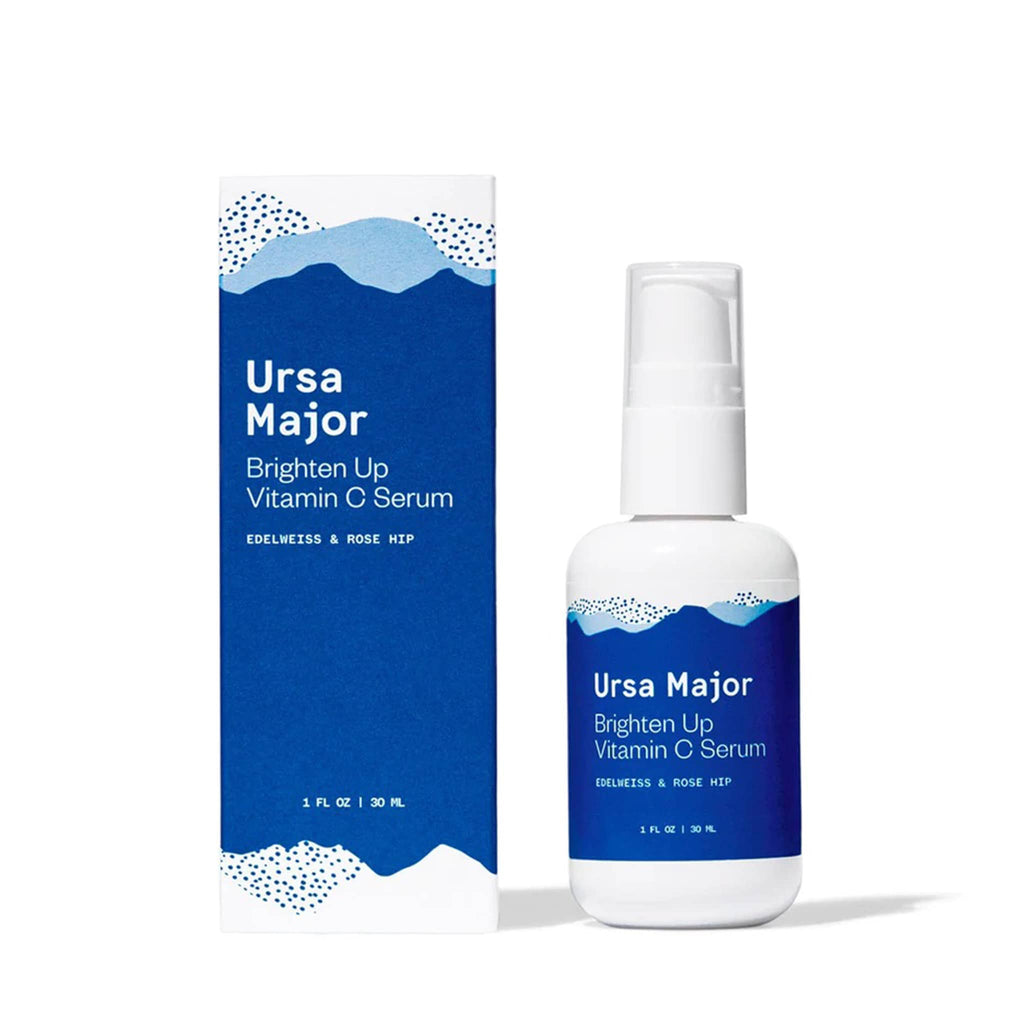 Ursa Major Brighten Up Vitamin C Serum in glass dispenser bottle with matching box.