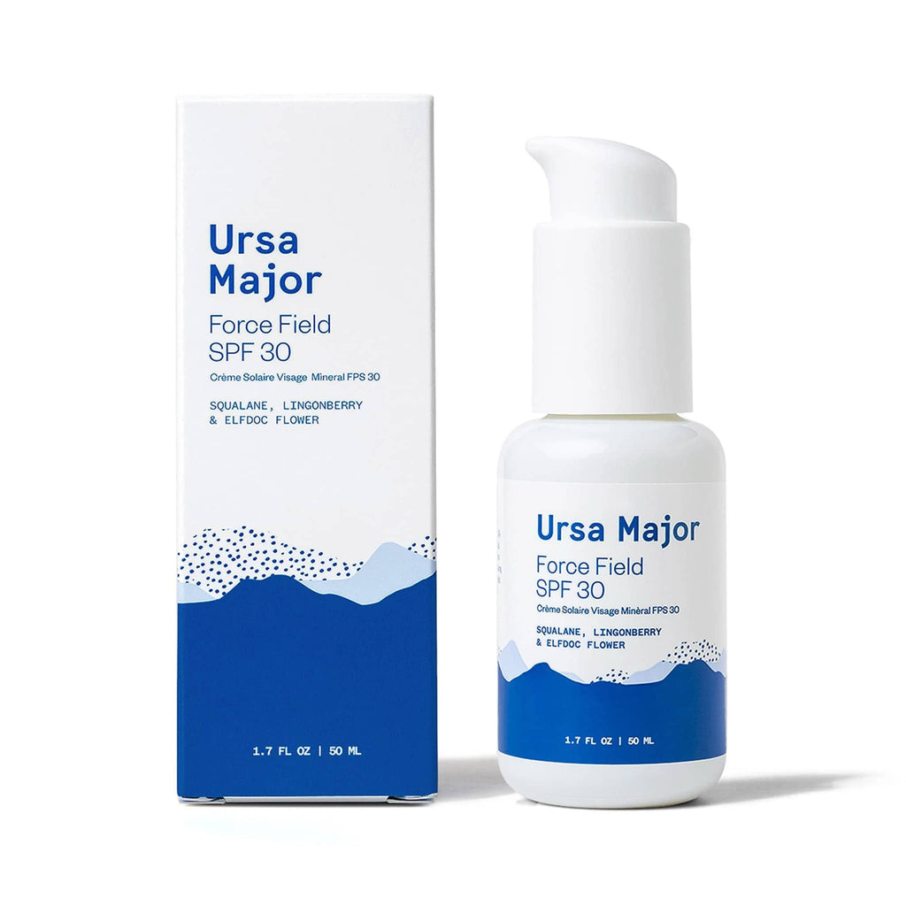 Ursa Major Force Field SPF 30 facial moisturizer in glass dispenser bottle with box.