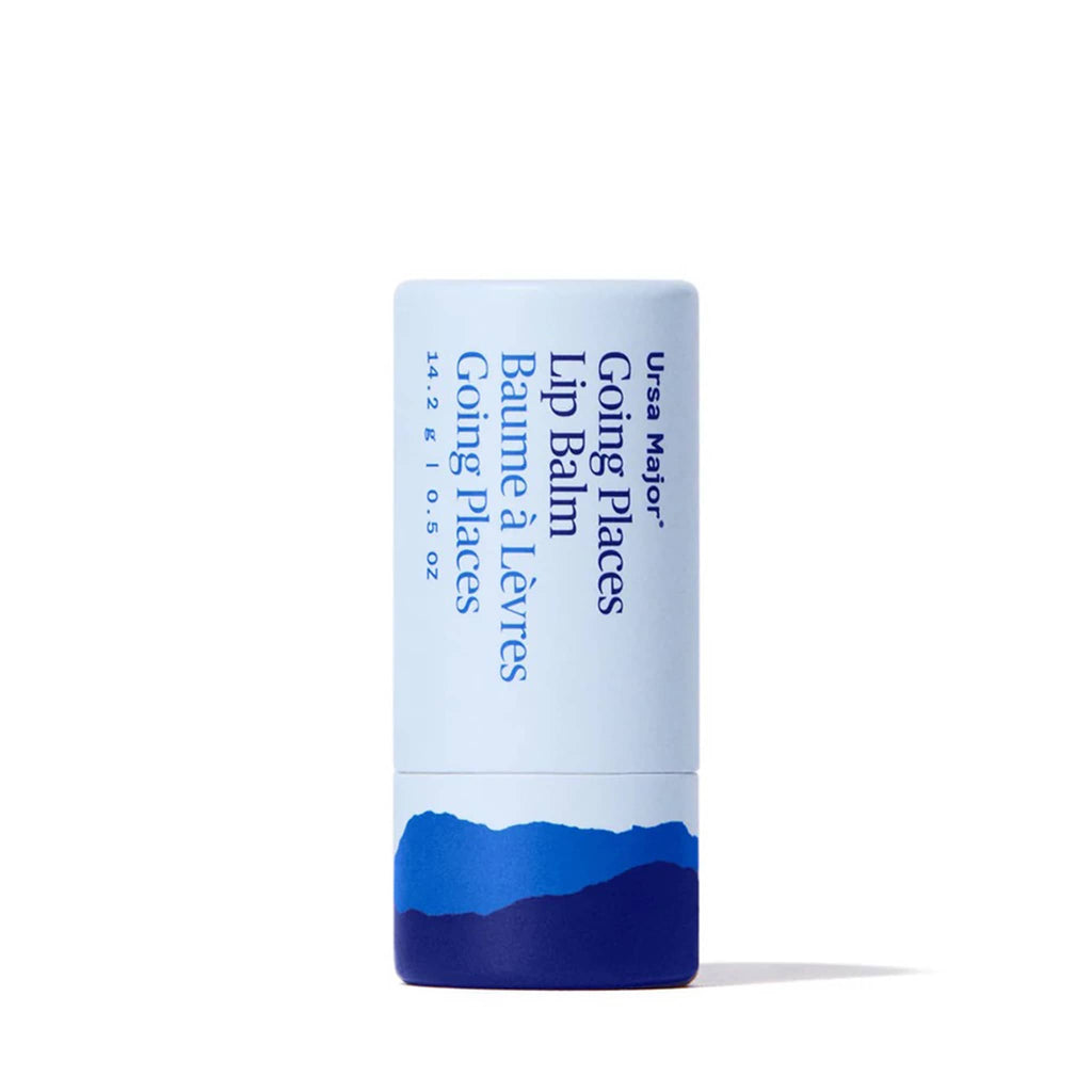 Lip balm stick in blue and white paper tube packaging on a white background.
