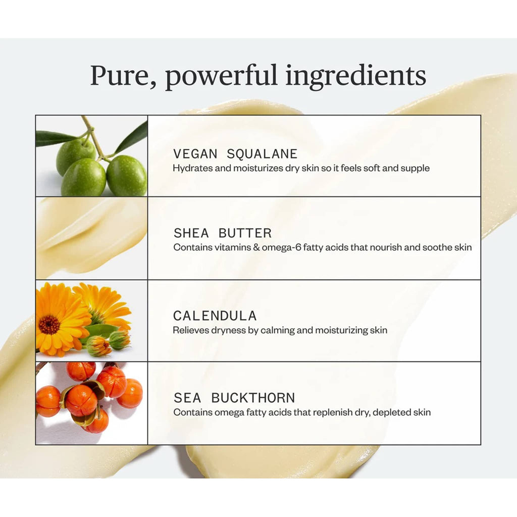 List of pure, powerful, natural skincare ingredients with images and descriptions on a white background.