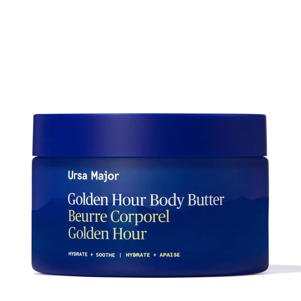 Blue jar of Ursa Major Golden Hour Body Butter on a white background.