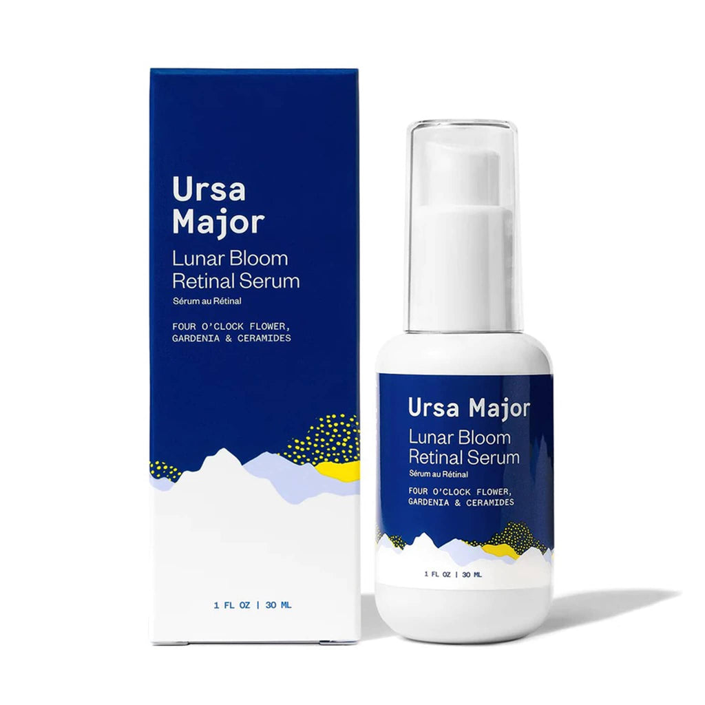 Ursa Major Lunar Bloom Retinal Serum in glass dispenser bottle with matching box packaging.