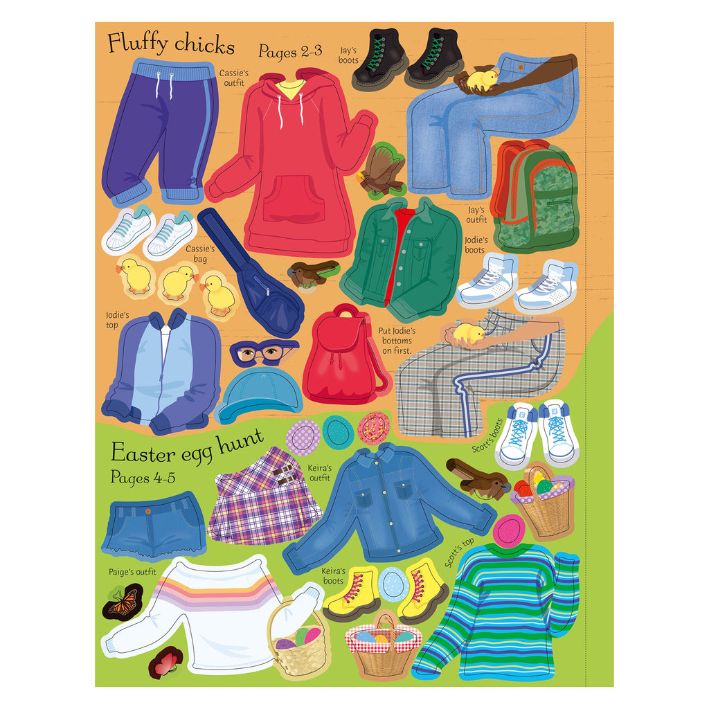 Usborne Sticker Dolly Dressing Easter themed sticker dress up dolls book, sticker sheet of clothes and accessories.