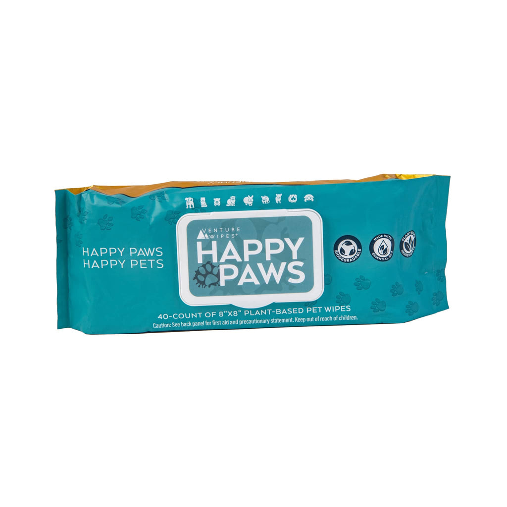 Venture Wipes Happy Paws plant-based pet wipes, pull pack of 40 wipes, front of packaging.