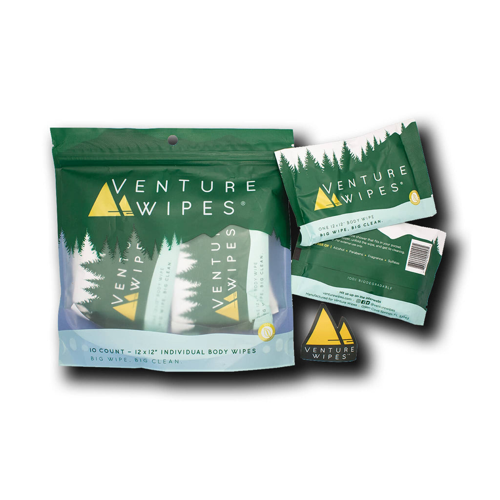 Venture Wipes 10 count individually wrapped pouches in bag, front and back view of pouches and front view of bag.