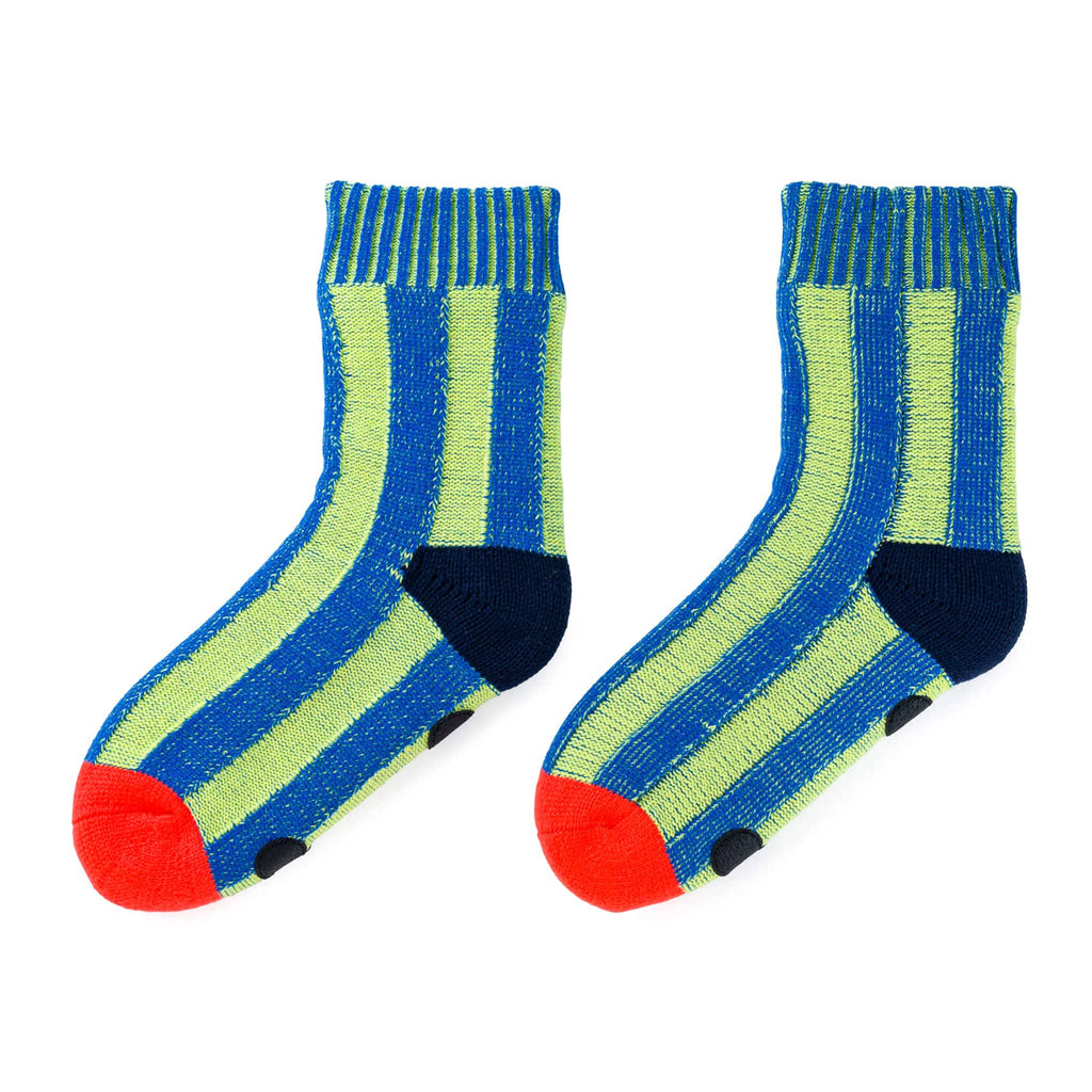 Verloop Lime and Cobalt Big Stripe Soft Acrylic House Socks, pair shown side by side.